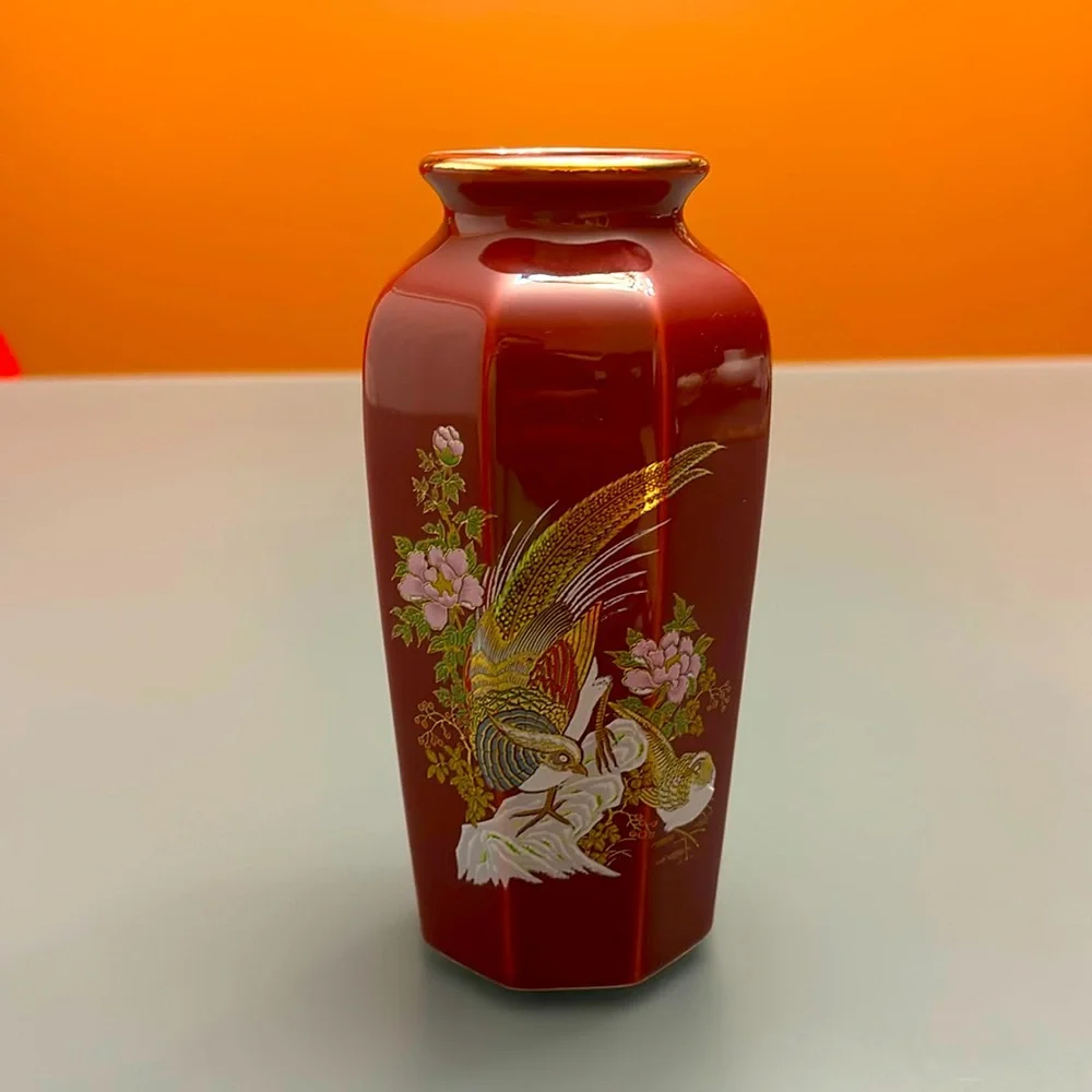 Vintage 1970s Japanese Bud Vase Maroon Pheasants and Dogwood Gold Trim & Accents